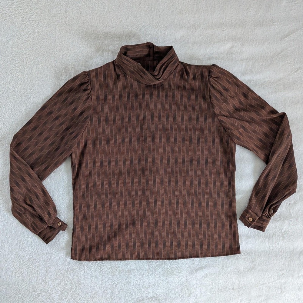 Vtg Jonathan Martin Blouse Brown Stripe Mock Neck Button Back Sz 9/10 Mod 70s